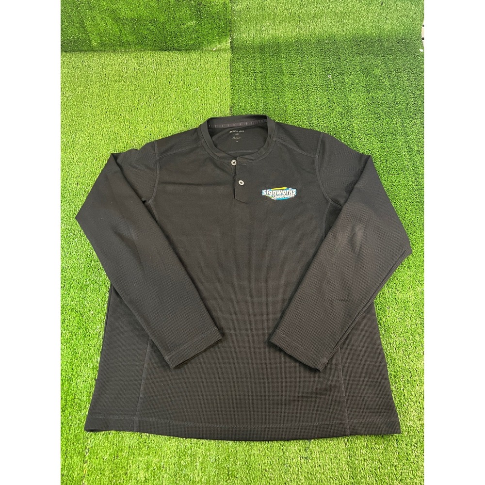 North End Mens L Black Waffle Knit Long Sleeve Henley Shirt Signworks Sportswear